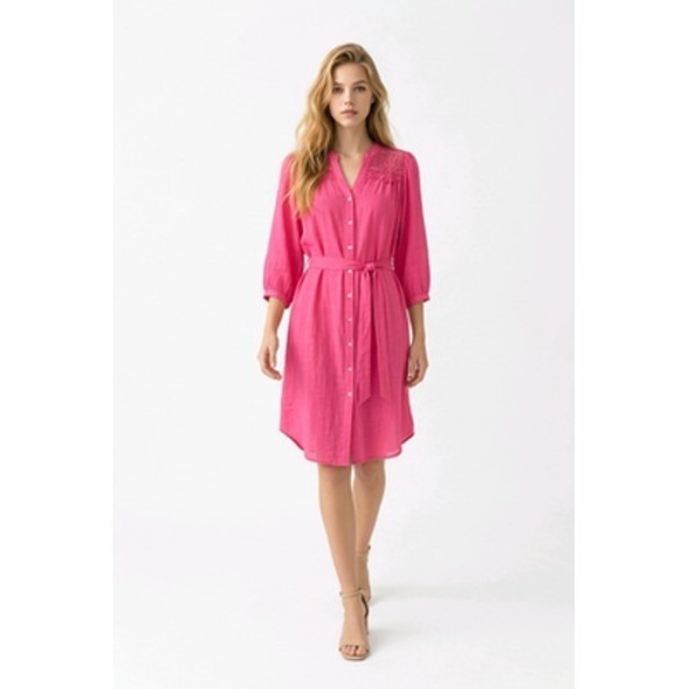 Figueroa & Flower Dress Women L Pink Crochet Lace Shirt Dress Belted Boho
